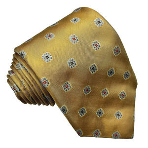 Liana Lee Mens Sevenfold Silk Necktie Geometric Medallions Gold Blue Brown Tie